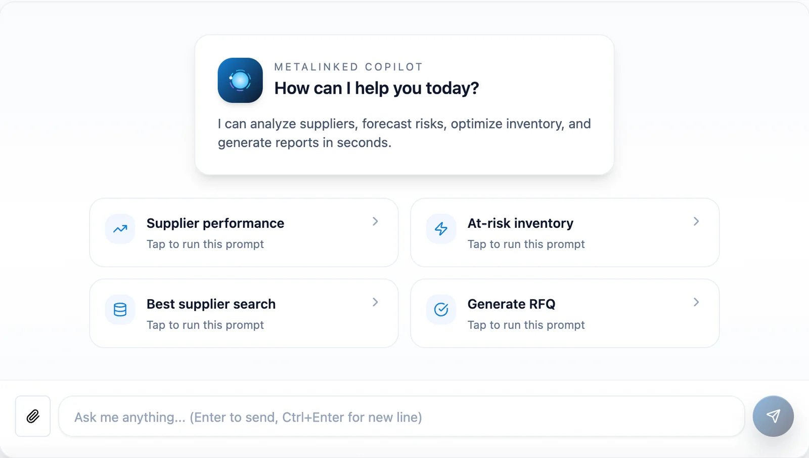 Nova AI Copilot: a prompt box with suggested prompts for supplier performance, at-risk inventory, best supplier search and generating an RFQ.